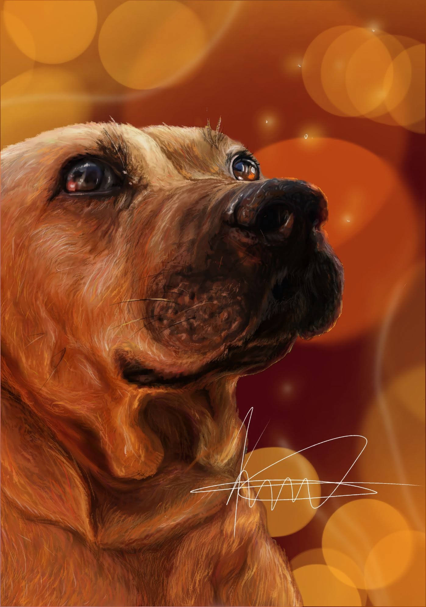 Digital painting of a tan dog looking upwards against a warm amber background