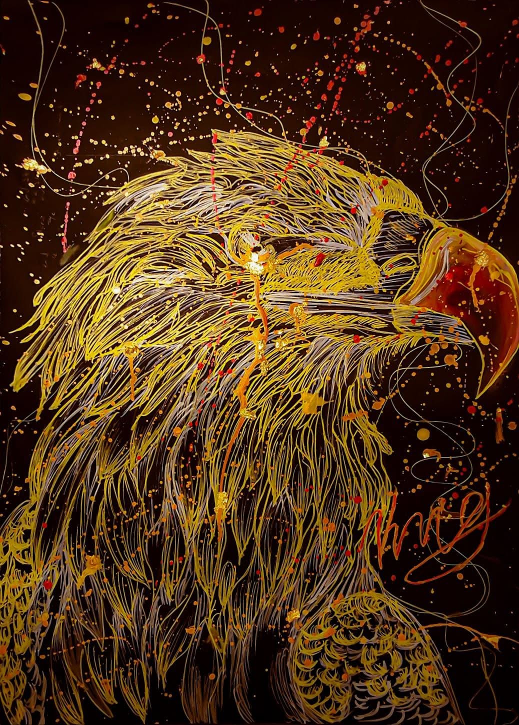 Illustrated eagle in textured gold and red lines on a dark background