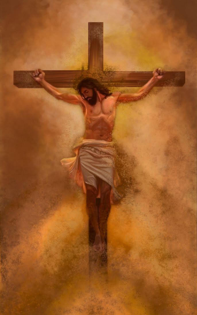 Digital artwork depicting the crucifixion in warm sepia colours