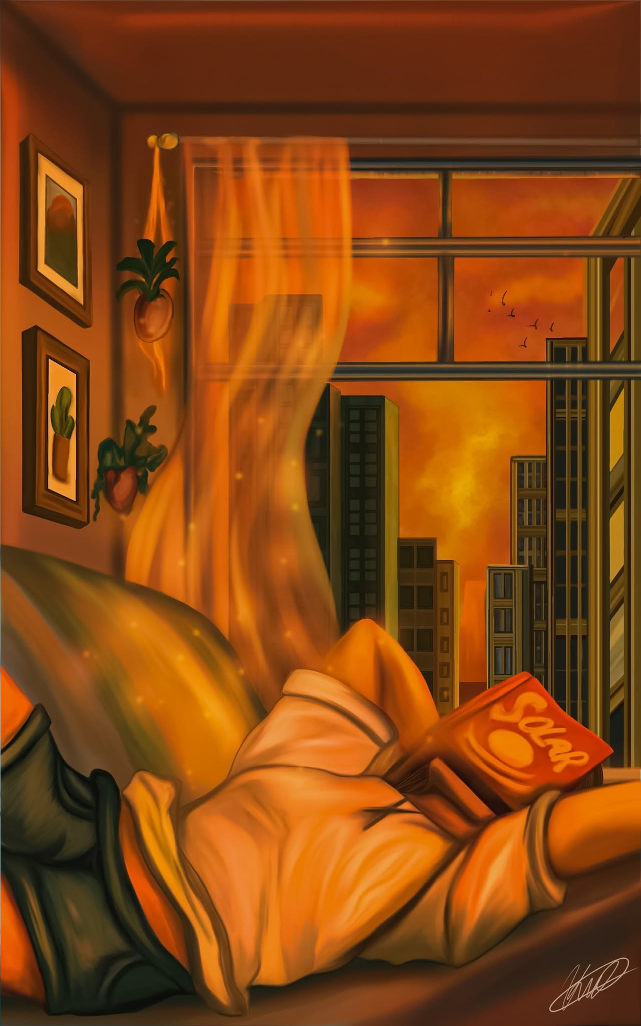 Warm orange illustration of a person reading in a room overlooking a city