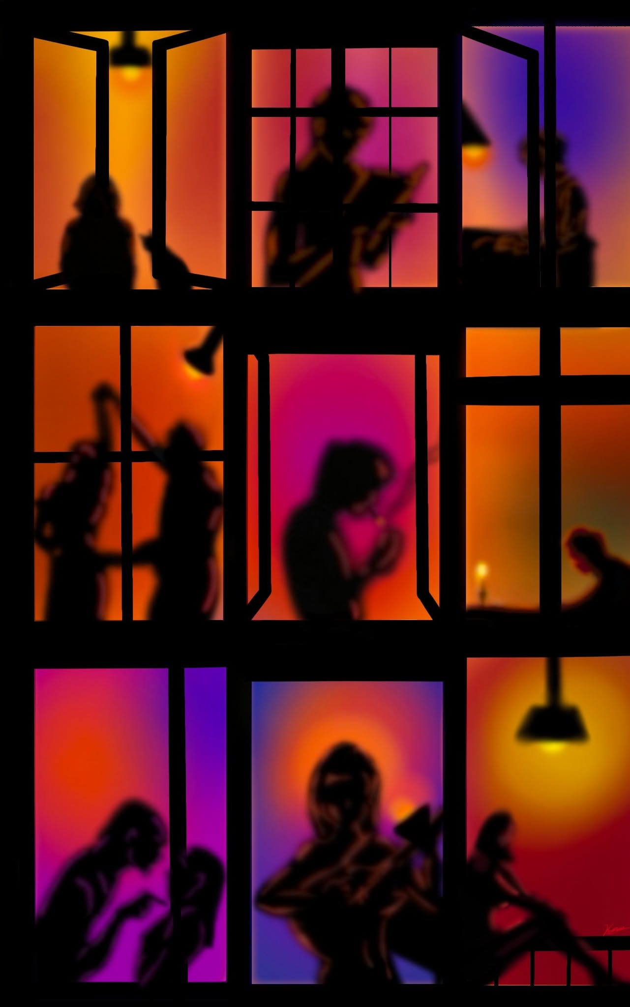 Colourful silhouetted scenes framed by glowing windows