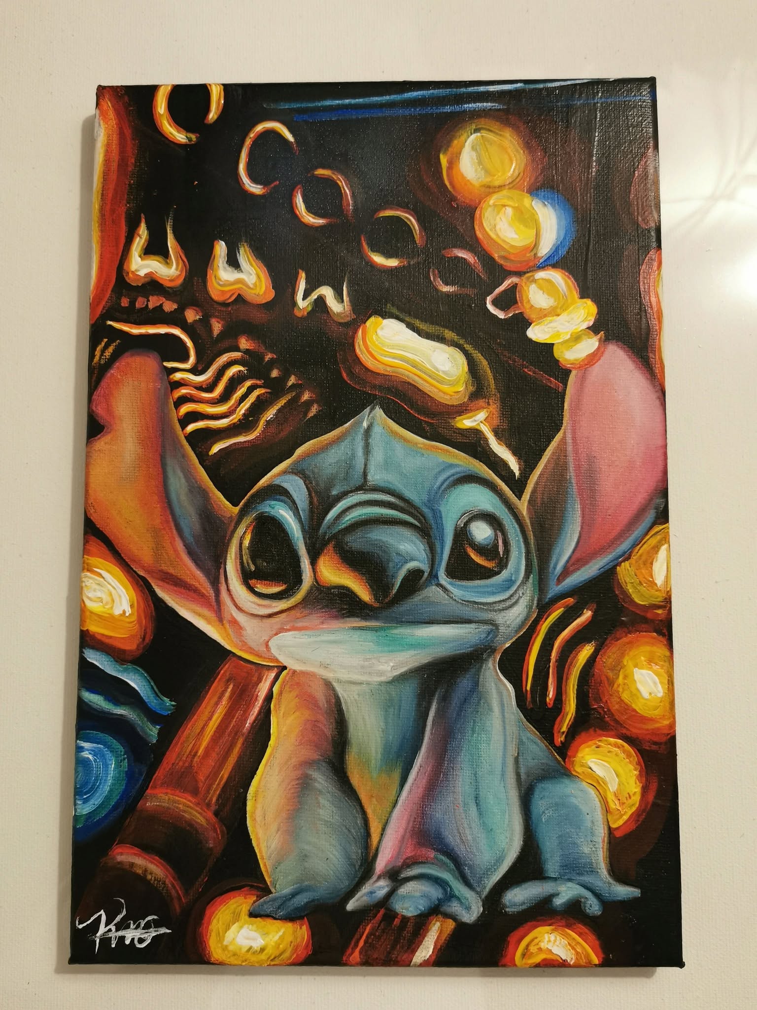 Colourful hand-painted canvas of Stitch, surrounded by glowing shapes